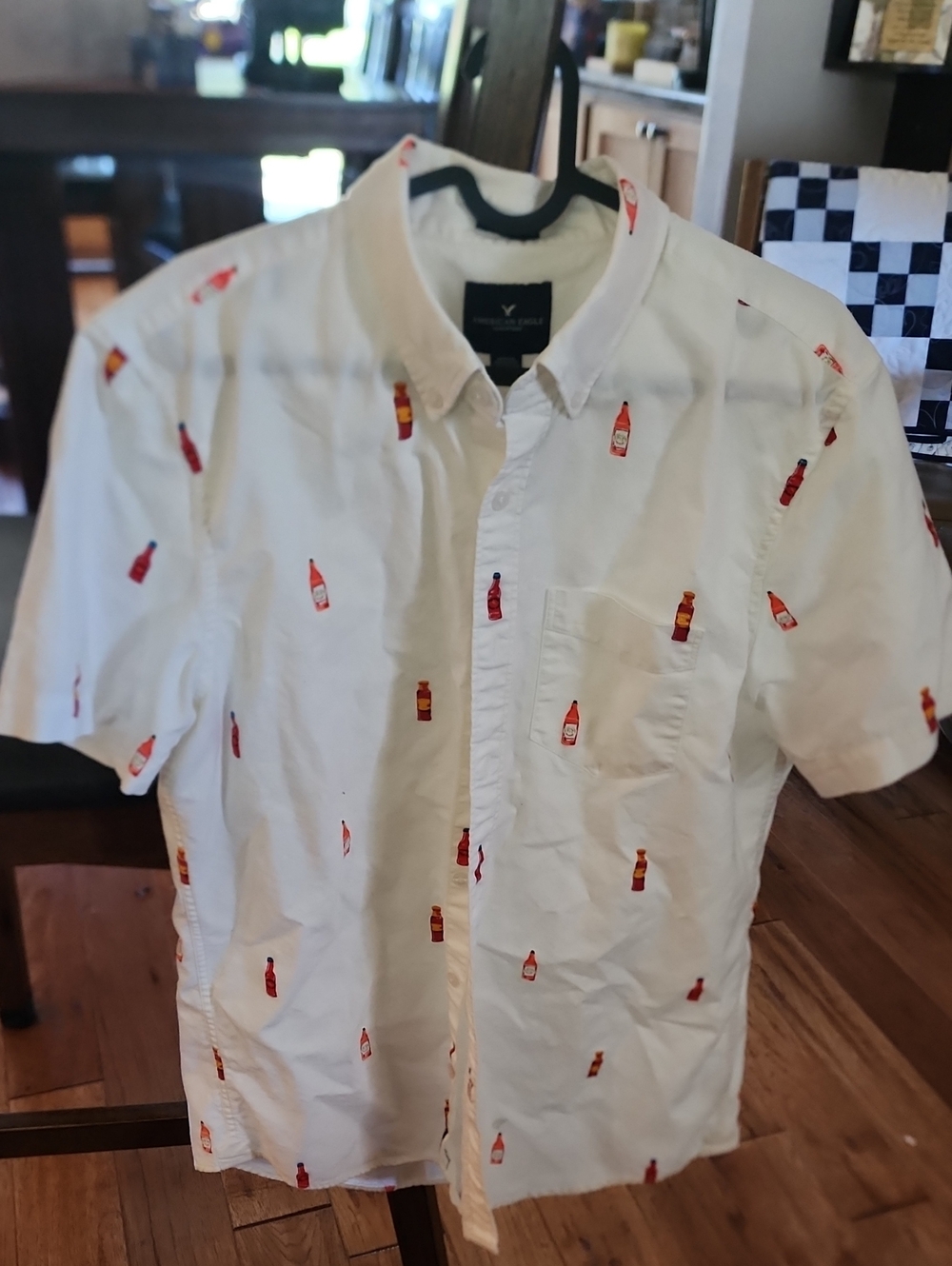 Men's White Short-Sleeve Button-Up Shirt with Red Bottle Print